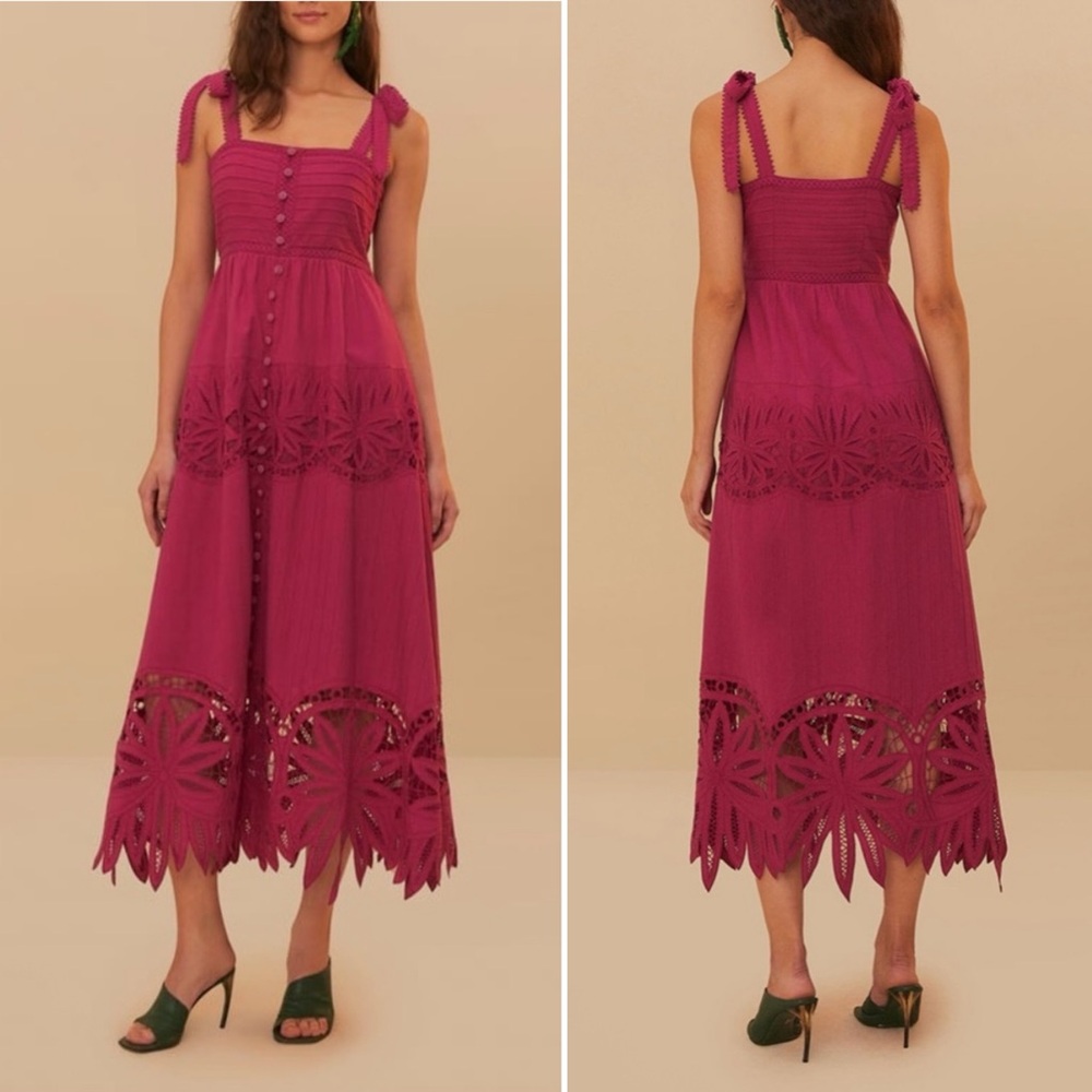 Farm Rio Daisy Cutwork Embroidered Sleeveless Tie Strap Pink Midi Dress size XS